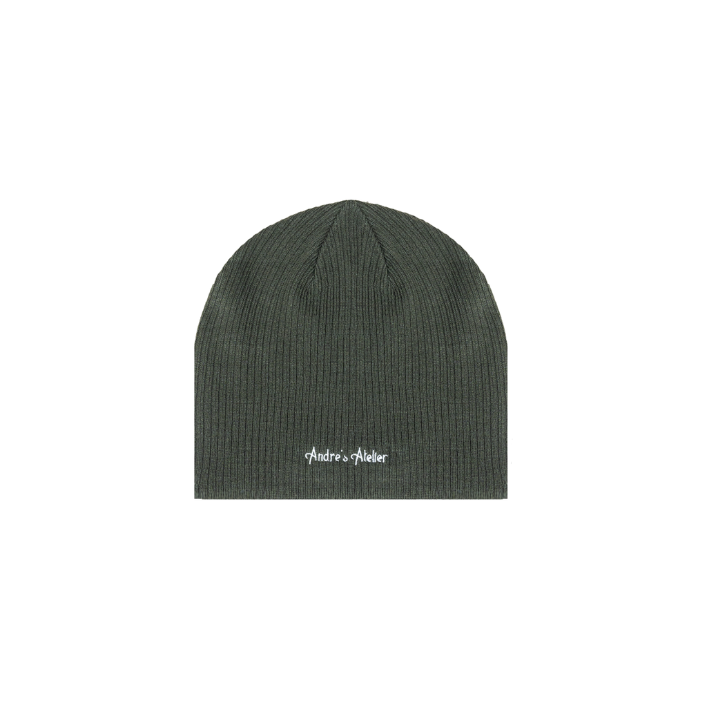 Army green ribbed beanie flat lay back