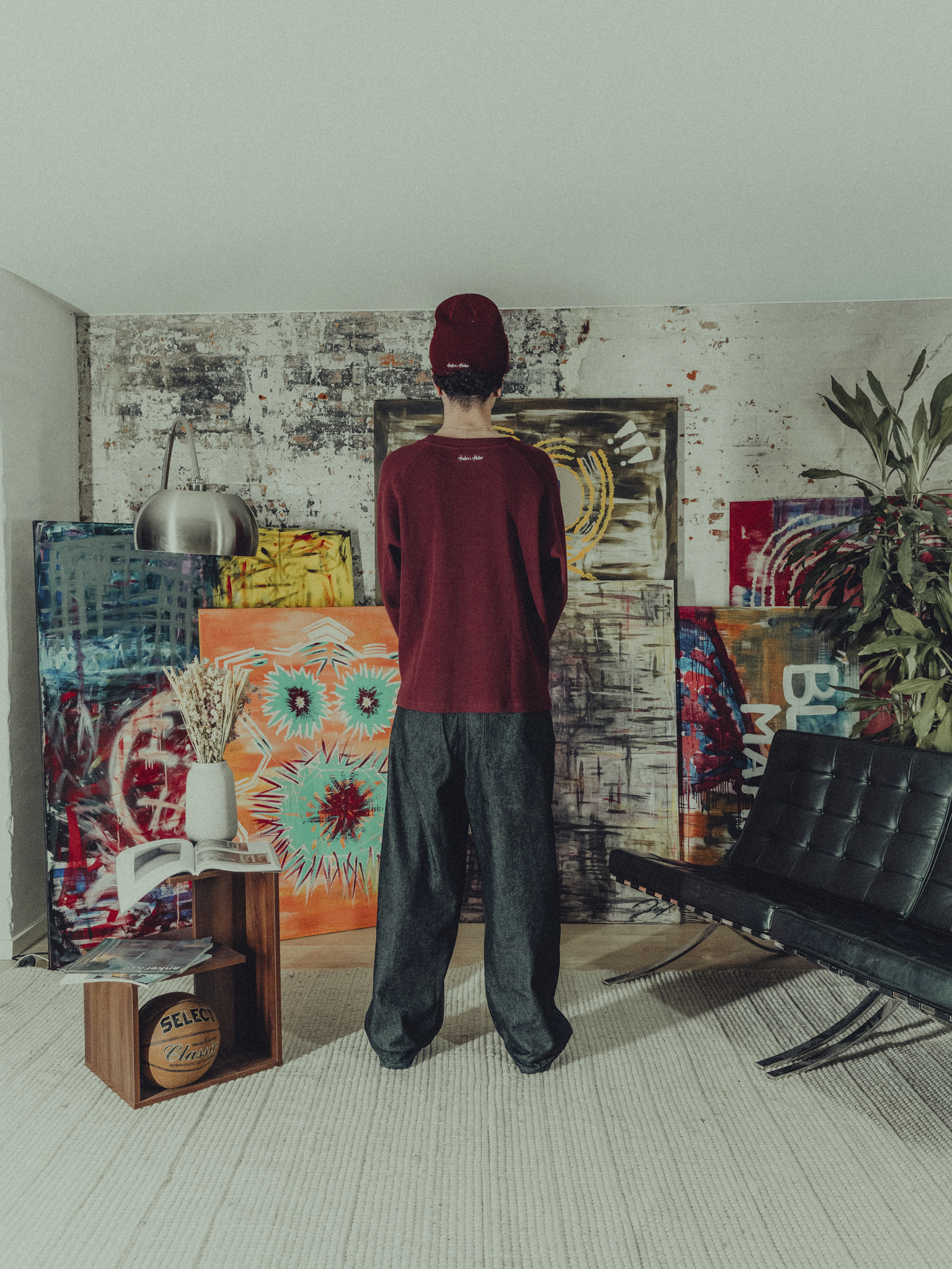 burgundy waffle long sleeve back view on model