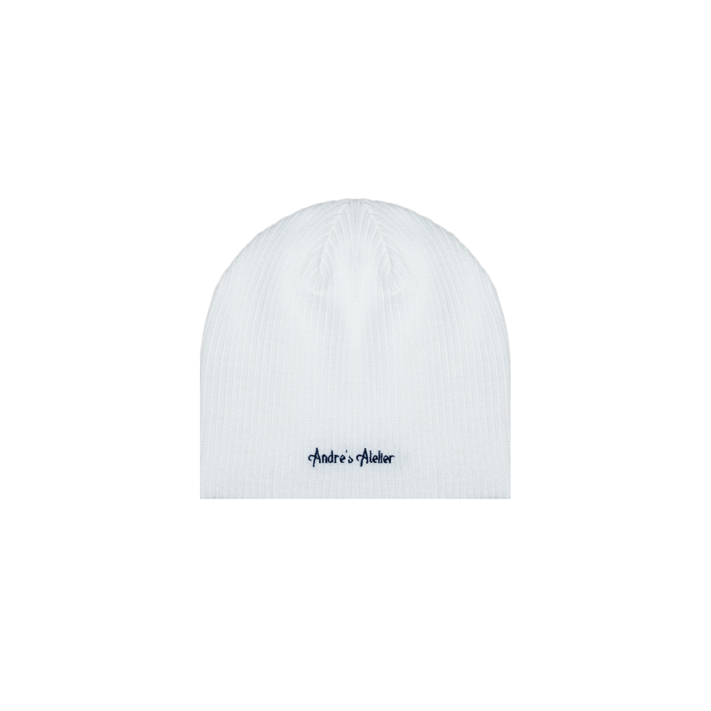 white ribbed beanie flat lay back