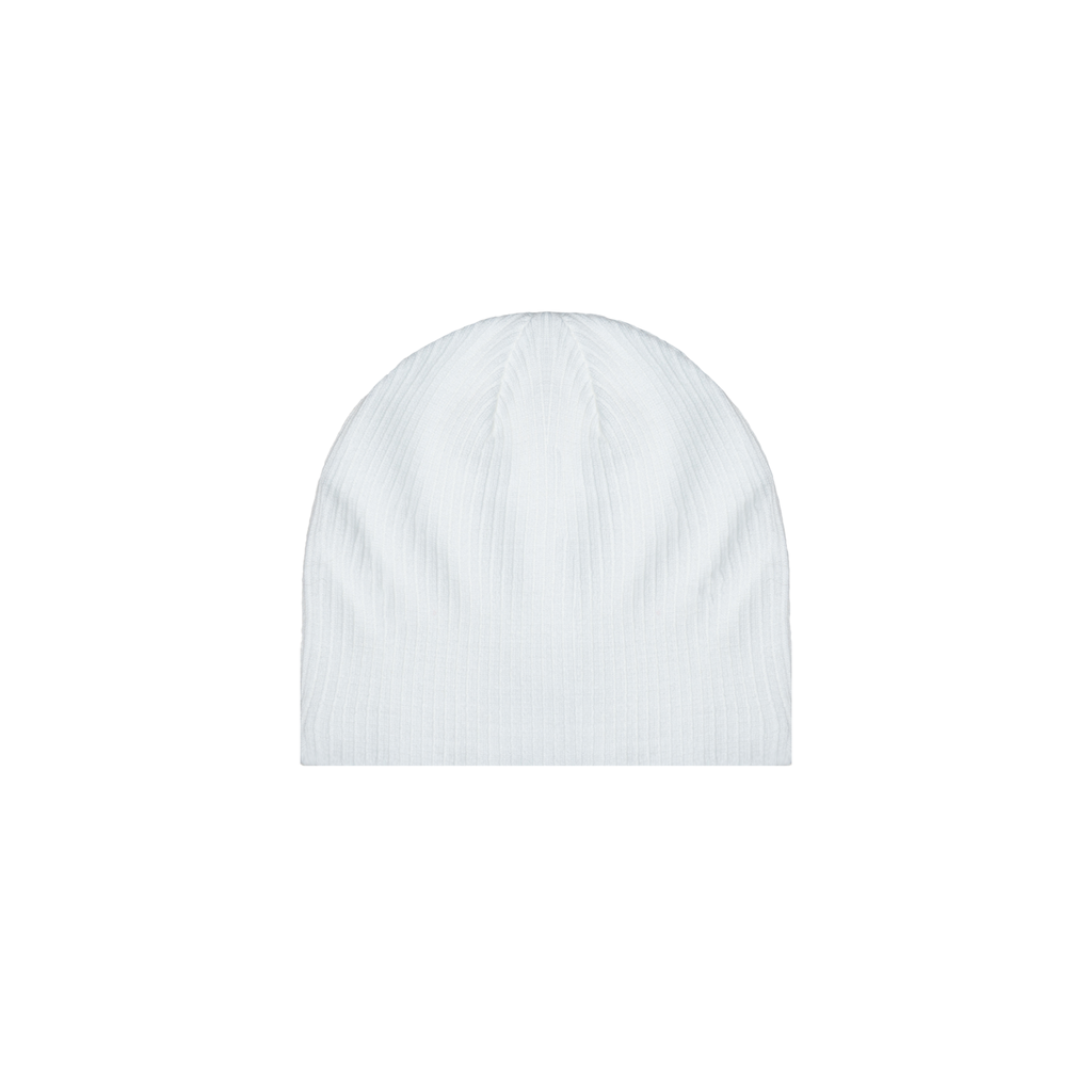 white ribbed beanie flat lay front