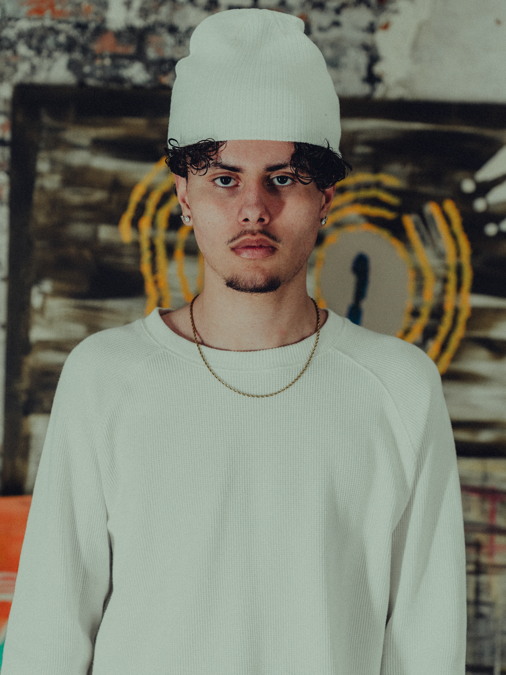 white ribbed beanie front view on model